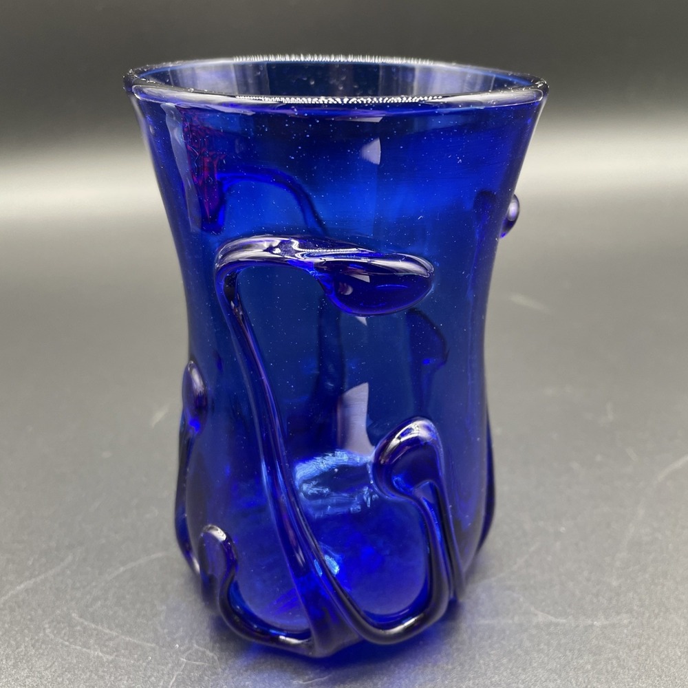 Signed Cobalt Blue Art Glass David Hartman Hand Blown Glass Applied Prunts